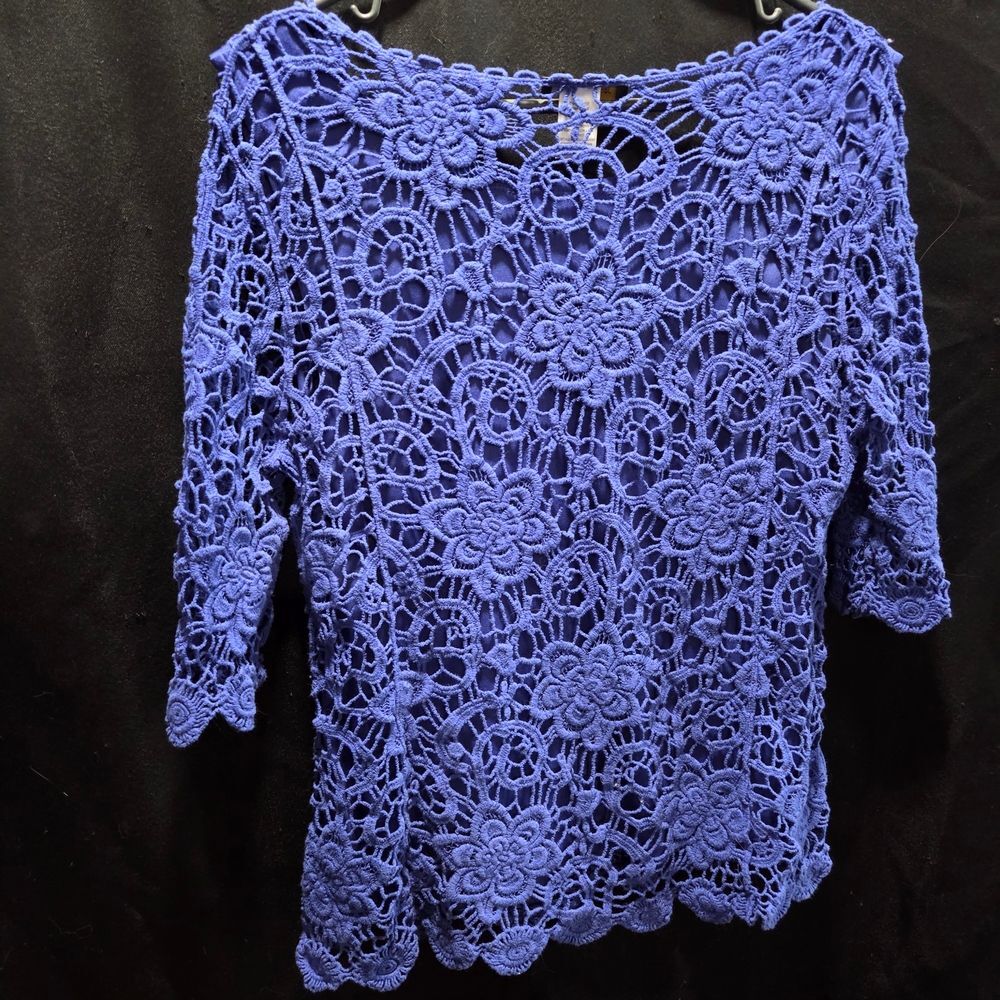 Jennie & Marlis Blue Floral Crochet Lace Top Boho Coastal Poetcore Laced Up Sz L - Picture 8 of 9